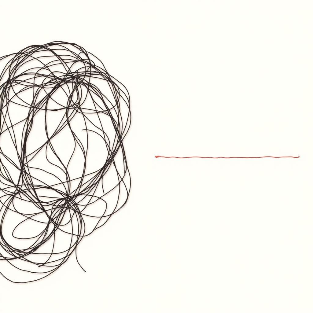 A tangled black line on the left untangling into a single straight red line on the right